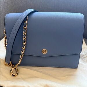 Tory Burch Dusty Blue Leather Chain-Shoulder Crossbody
